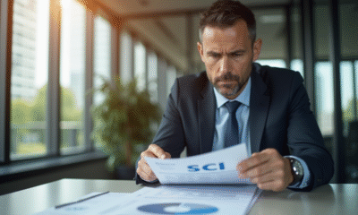 Banquier sérieux examinant un rapport financier immobilier