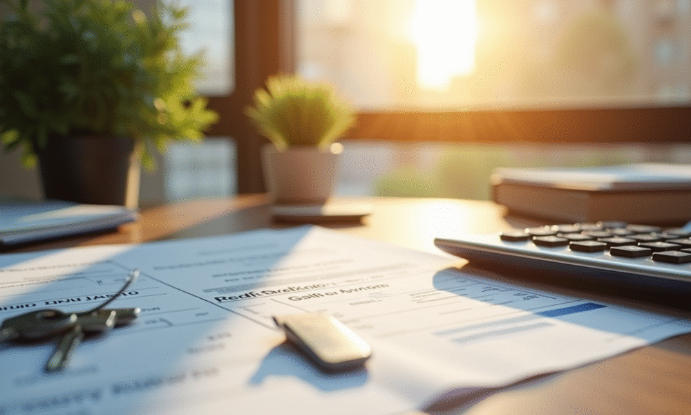 Bureau moderne avec documents fiscaux et clés de location