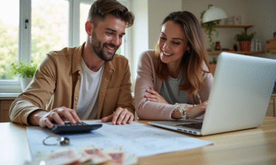 Couple souriant à la cuisine avec documents et clés de maison