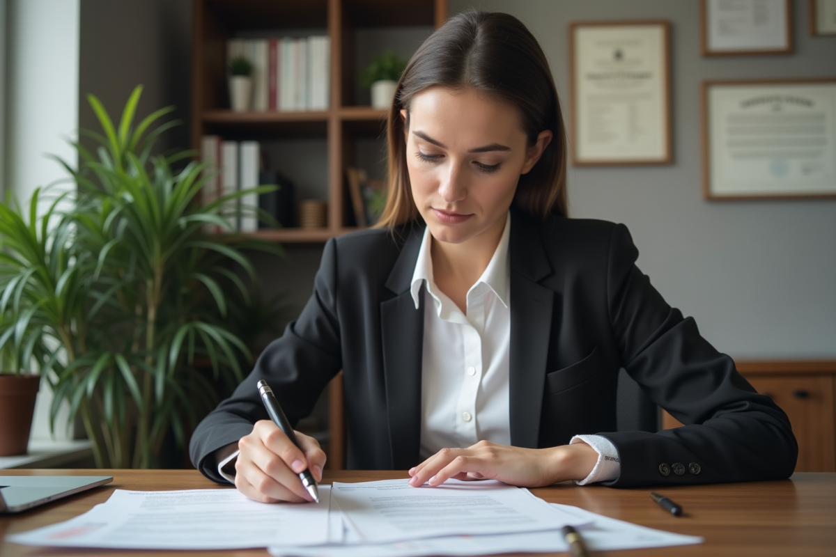 Femme en costume examine des documents de prêt immobilier