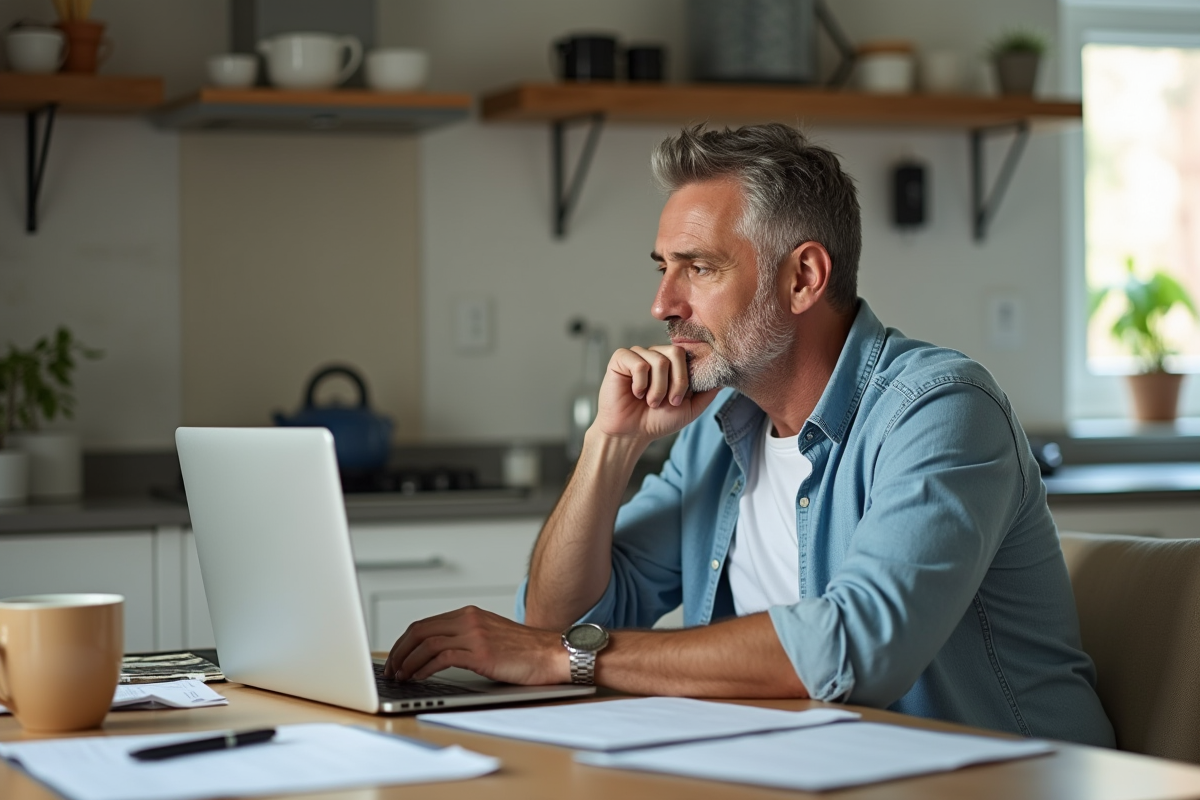 Homme au intérieur lit avec ordinateur et contrat de prêt