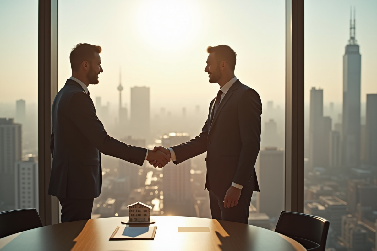 Deux professionnels signant un contrat immobilier en ville